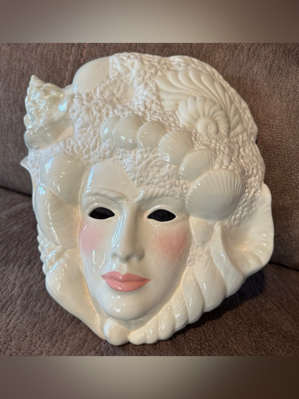 Vtg 80s Hand Painted Ceramic Seashell Face Mask Wall Art Hawaii Signed